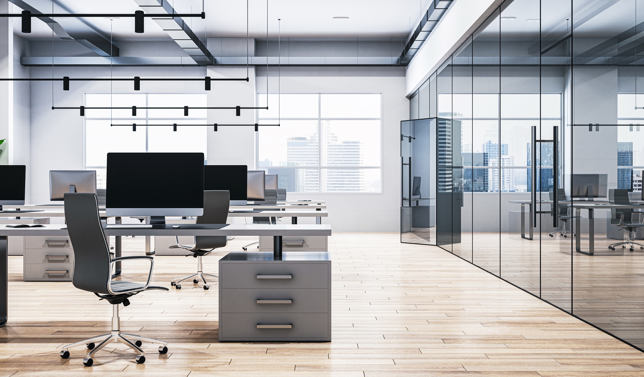A Modern Office Interior With Desks, Chairs, And Computers, Lots Of Natural Light From Large Windows, And A Cityscape View. 3d Rendering