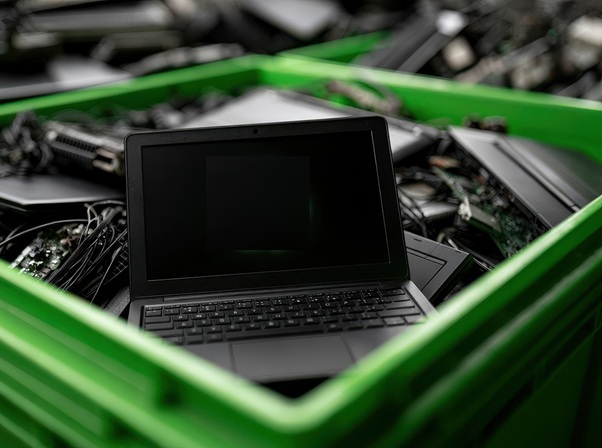 A Laptop With A Recycling Symbol Sits In A Bin Of Discarded Electronics. E Waste Management And Environmental.