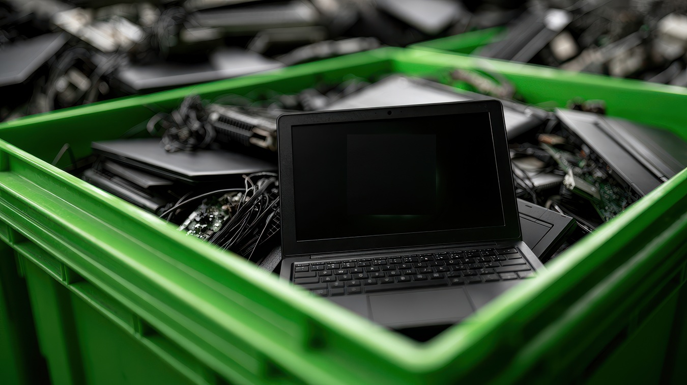A Laptop With A Recycling Symbol Sits In A Bin Of Discarded Electronics. E Waste Management And Environmental.