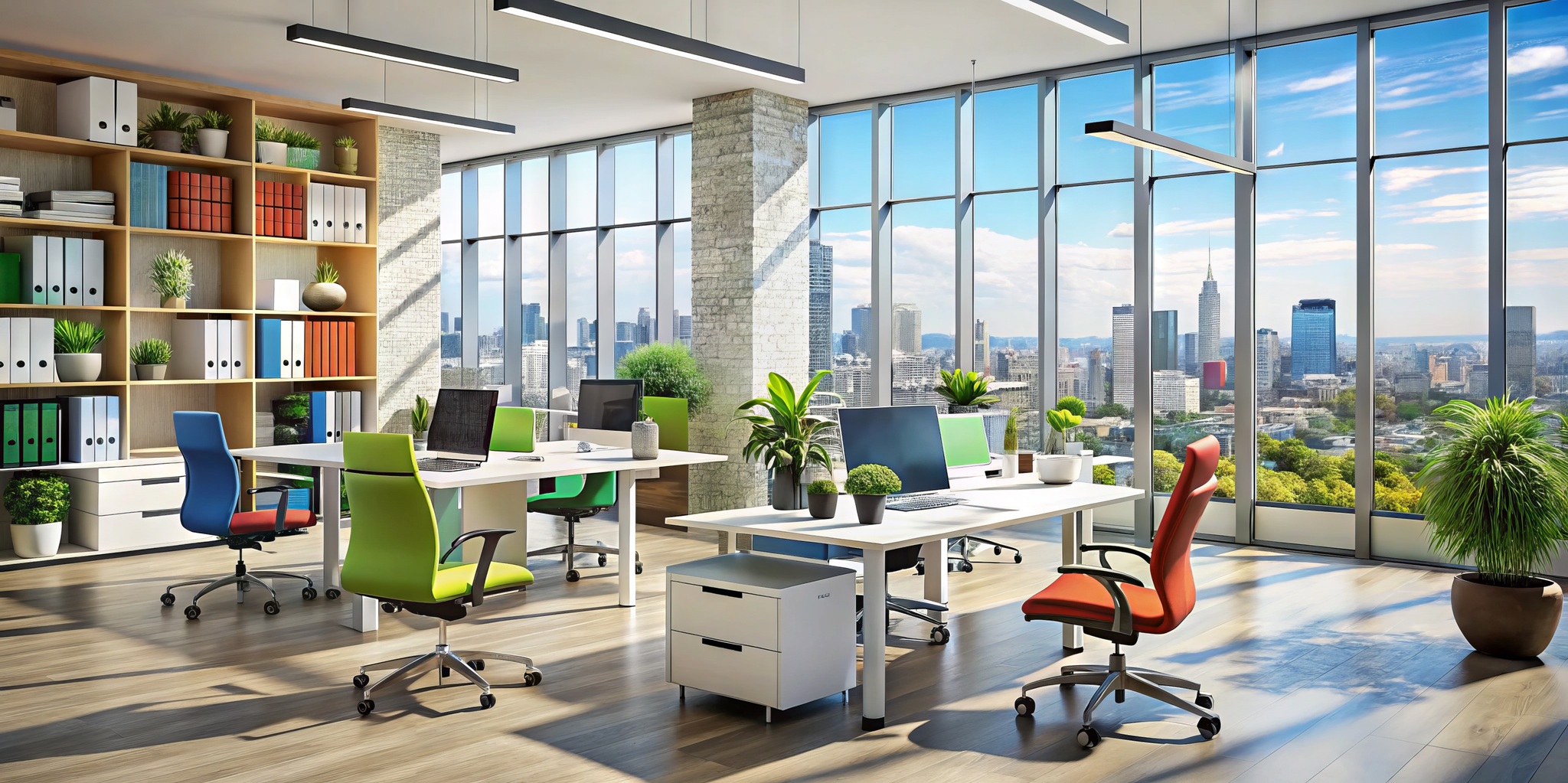 Modern Corporate Workspace With Sleek, Ergonomic Office Chairs, Ergonomic Desk, And Colorful Modular Shelving Units Modern Corporate Workspace With Sleek, Ergonomic Office Chairs, Ergonomic Desk, And Colorful Modular Shelving Units
