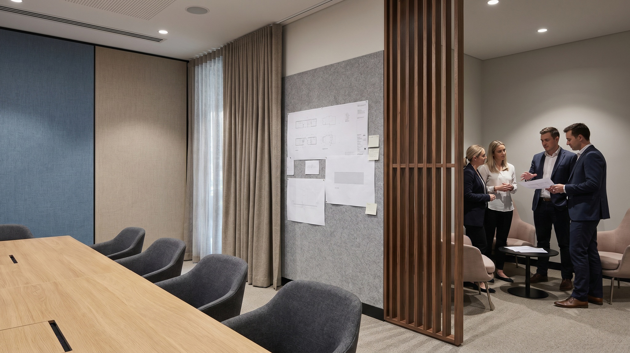 Boardroom Meeting Area With Acoustic Panels And Slatted Wood Privacy Screen Boardroom Meeting Area With Acoustic Panels And Slatted Wood Privacy Screen