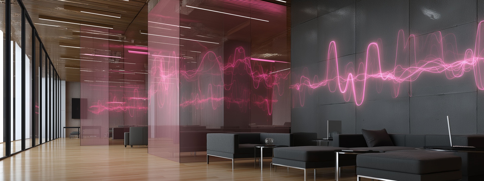 Pink Noise Sound Therapy Meditation. Relaxation Focus. Sleep Aid Sound Masking. Background Noise Ambient Sound. Modern Office Interior With Glass And Wooden Design Elements