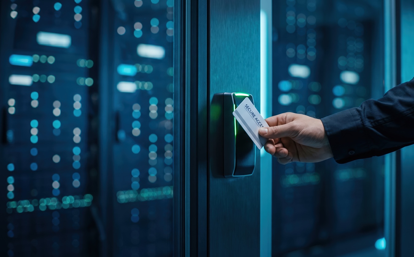 Cybersecurity And Data Center Access Concept, Hand Scanning Identification Card On Reader. Physical Protection, Authorized Entry And It Infrastructure Safety.