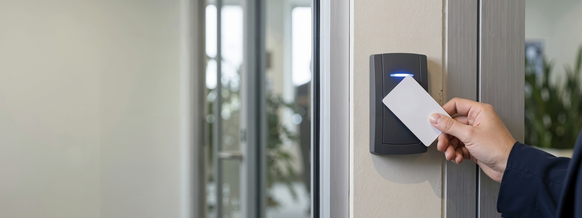 Hand Holding A Blank White Access Card To A Black Electronic Reader With A Blue Led Light. Security Control System At A Modern Office Glass Door Entrance