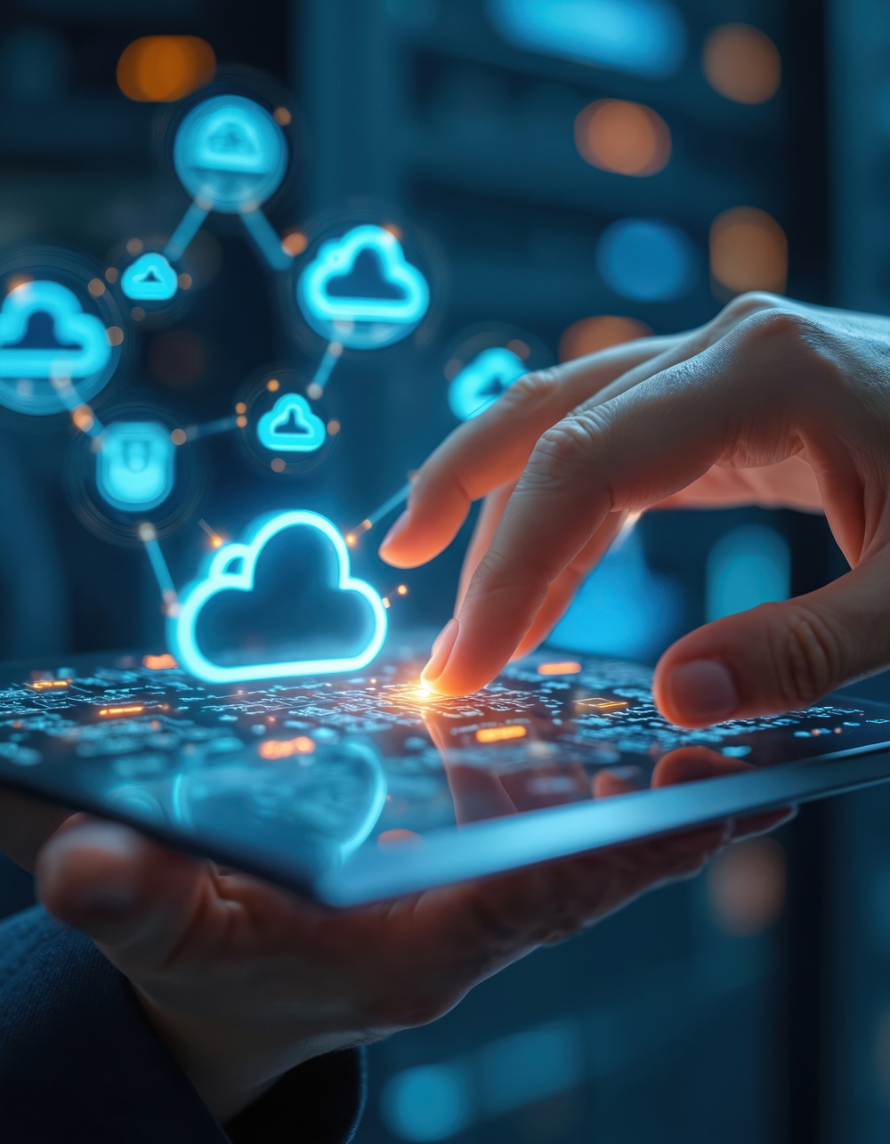 Hand Interacts With Digital Interface Showing Cloud Computing Network. Futuristic Technology With Glowing Icons, Data Streams Connects Devices. Represents Virtual Storage, Online Services, Cyber